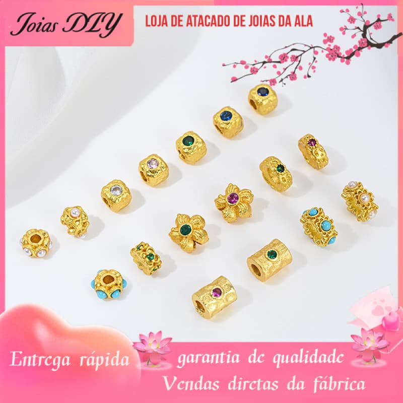Retenção de cor areia ouro martelo padrão quadrado incrustado zircônio espaçador contas cilindro cilíndrico contas roda