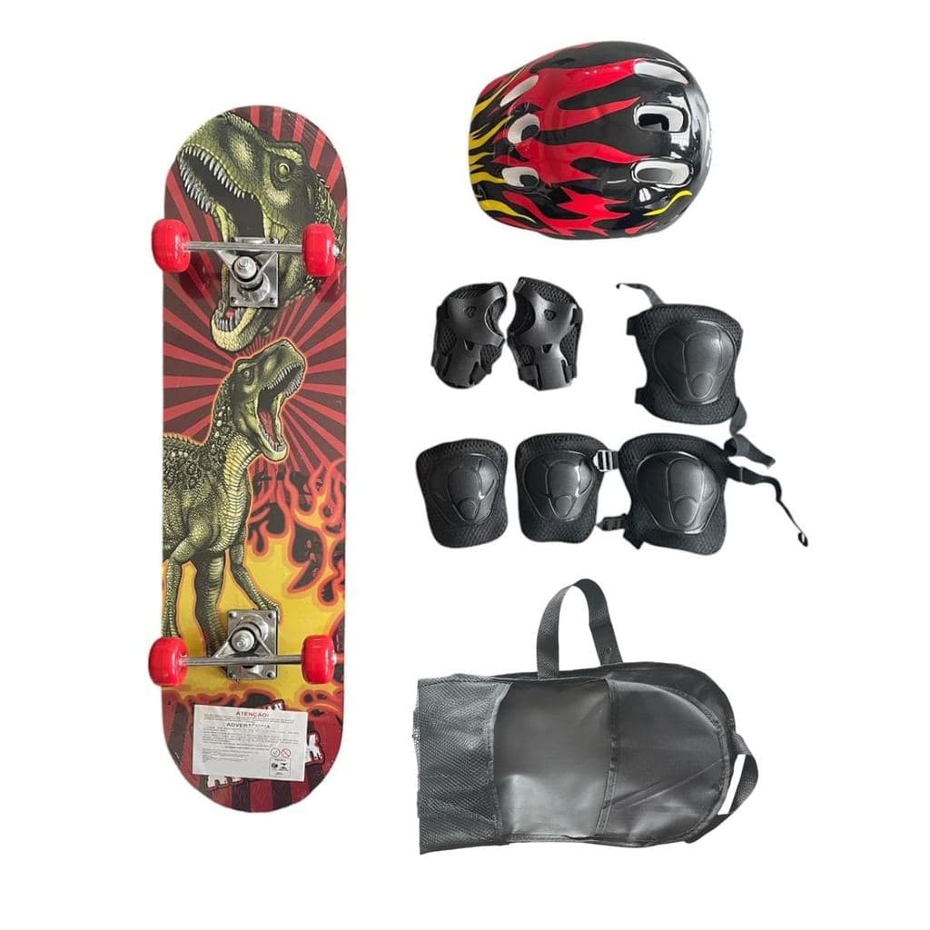 Skate Infantil Estampado C/ Kit De Proteção - Dinossauro