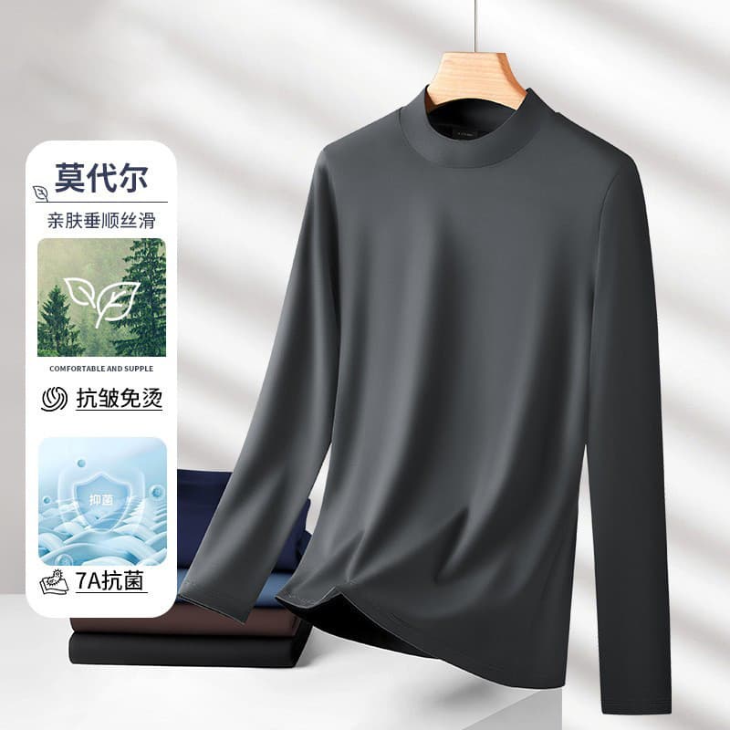 Antibacteriano Modal meia gola alta masculina de manga comprida camiseta de fundo primavera outono novo topo roupas masc