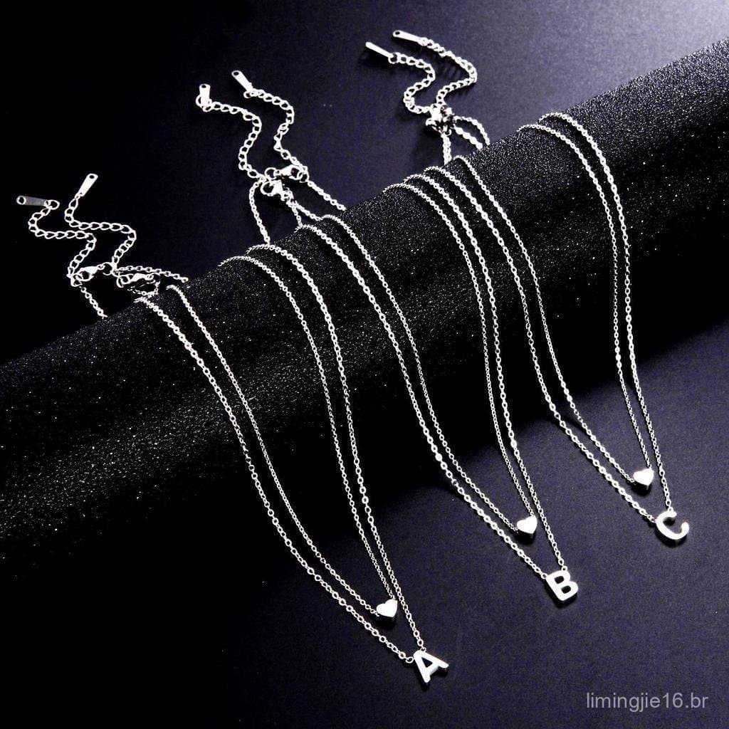 Kit 2 Colar Com Pingente Letras Feminina Inicial do Nome e Coração  banhado ouro 18k ou prata 925