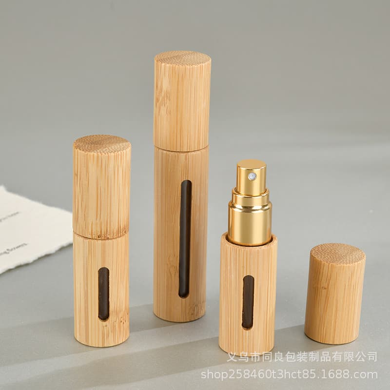 Frasco de perfume de 5ml/10ml com revestimento de bambu, frasco spray vazio com interior de vidro e bico de metal, frasc