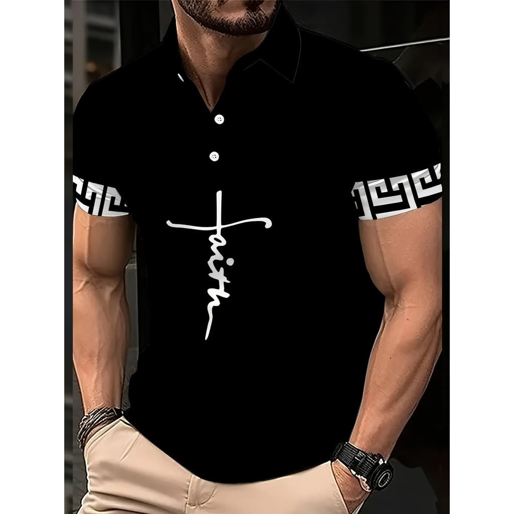 Camisa polo masculina elegante de manga curta com estampa 3D, camisa polo de roupas de rua com atmosfera de férias