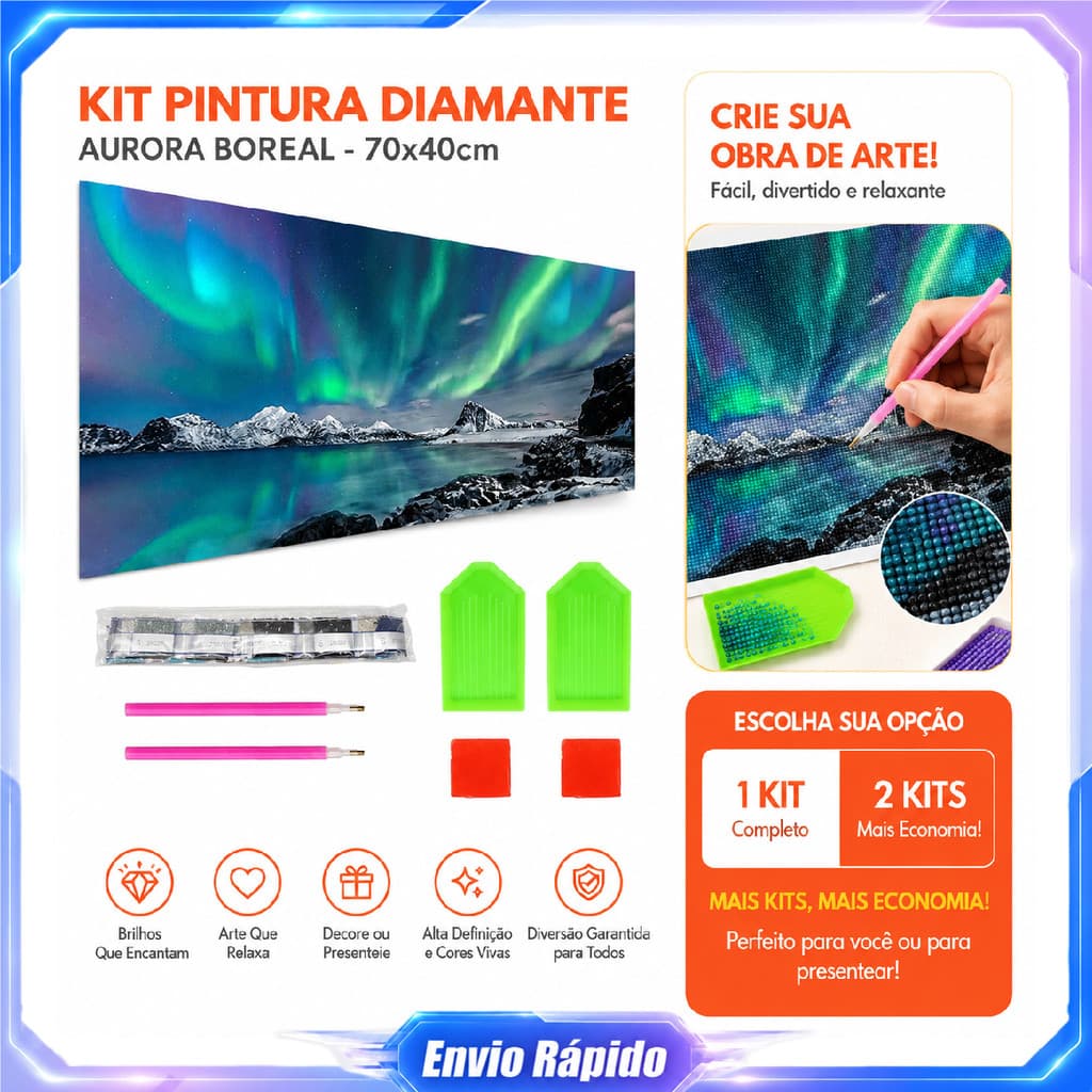 Kit pintura de diamante DIY Aurora Islândia 70x40cm tela para colar diamantes 2 canetas 2 bandejas 2 massas adesivas