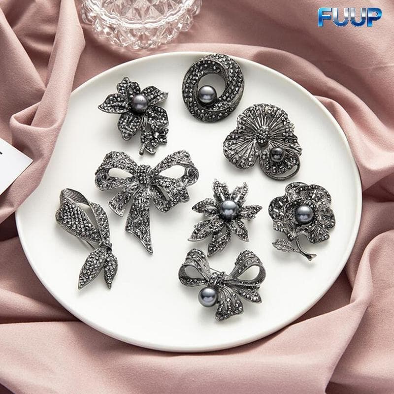 FUUP Retro Cristal Pérola Flor Arco Forma Broche Cachecol Pino Jóias Acessórios Quente