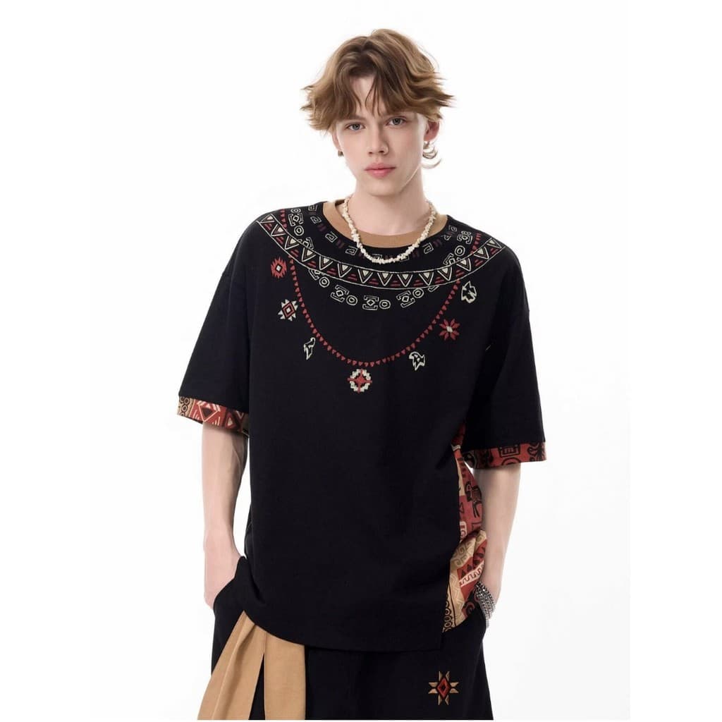 Retro costura impressa camiseta de manga curta feminina 2026 novo estilo verão nicho Design solto preguiçoso topo