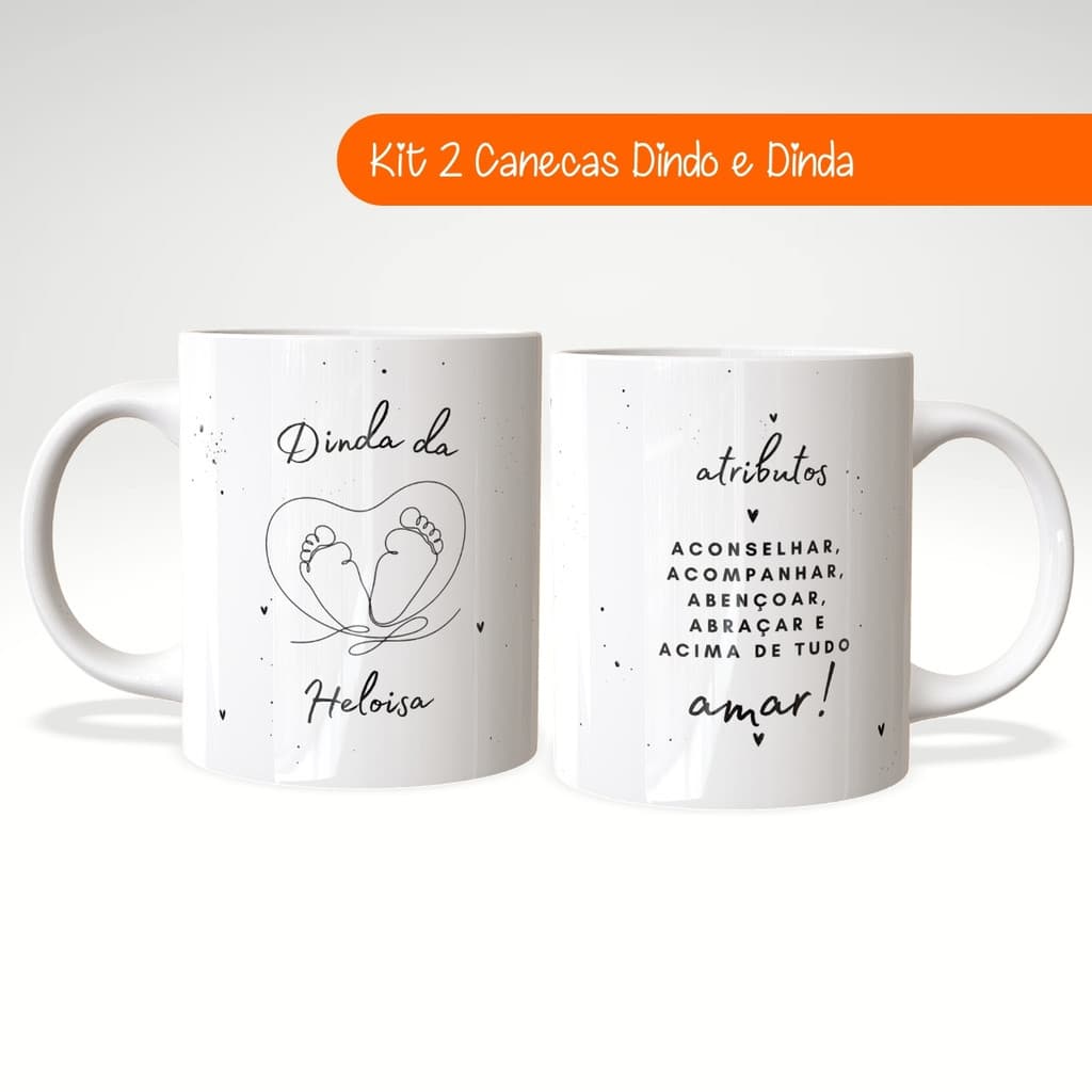 Kit 2 Canecas Dinda e Dindo Presente Madrinha Padrinho Batizado Cerâmica a325ml – JURO