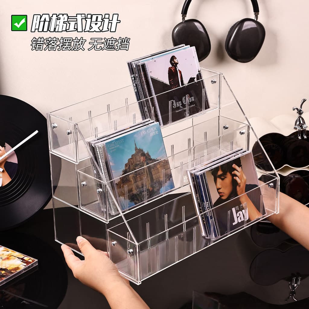 Acrílico transparente escalonado cd disco dvd disco cd fita álbum armazenamento expositor