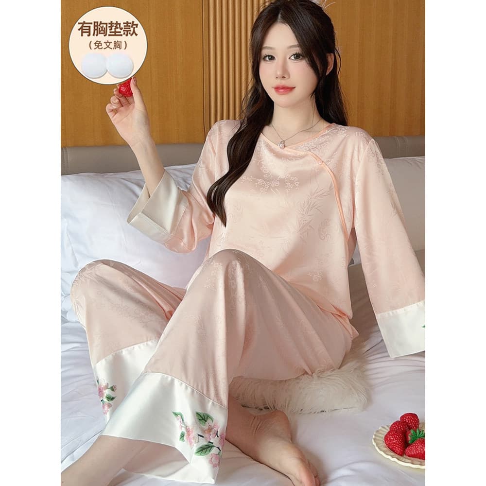 High-End novo estilo chinês pijamas feminino estilo verão simulação fita de seda almofada no peito seda gelo calças de m