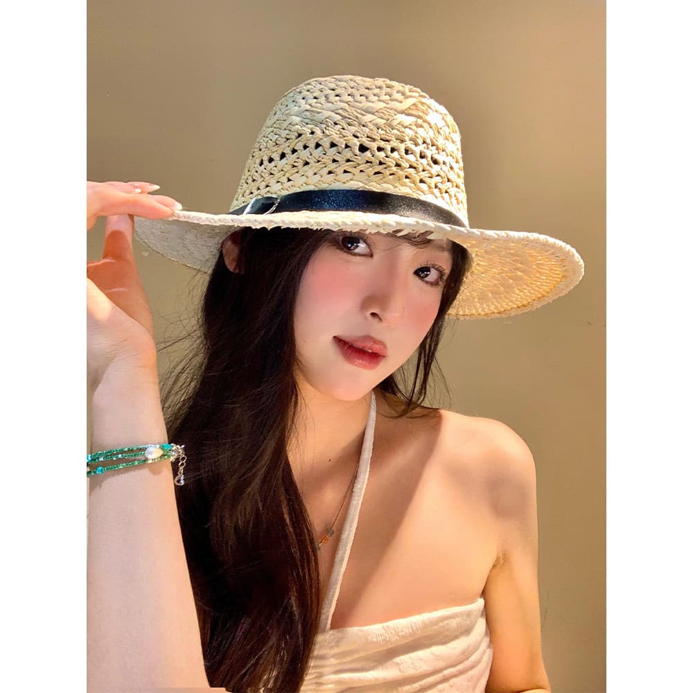 Panamá Retro ráfia chapéu de palha feminino verão beira-mar praia férias estilo guarda-sol chapéu de sol tecido chapéu d