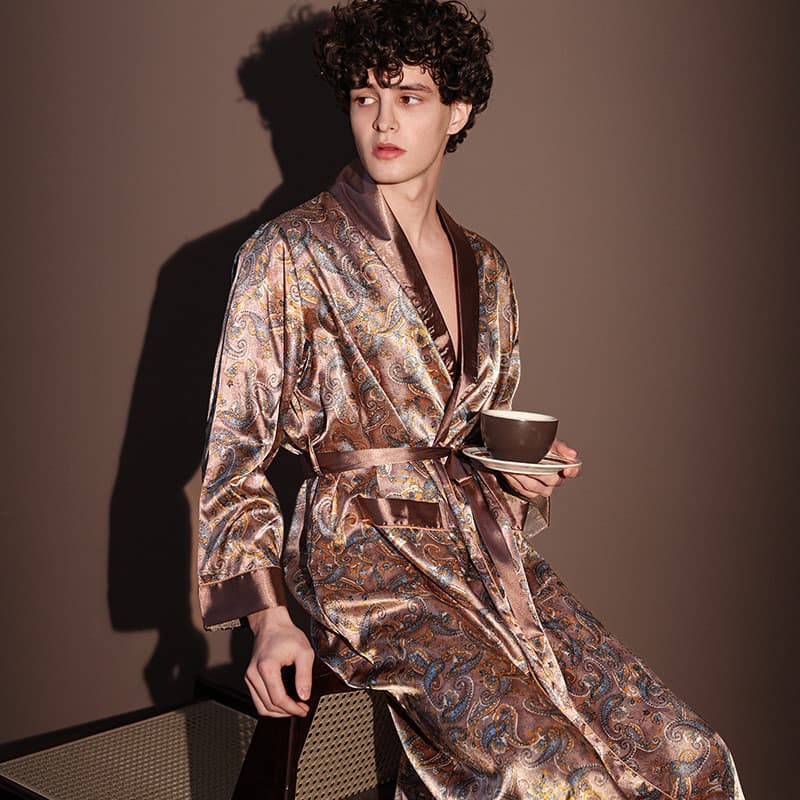 [Novo produto] Camisola masculina roupão de seda gelo simulação seda meninos verão rendas pijamas masculinos primavera o