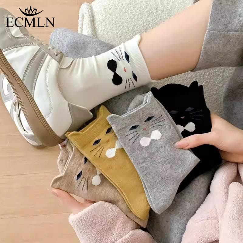 ECMLN Meias Femininas Fofas Com Orelha De Gato 3D Meia Panturrilha Desenho Animado Rosto Estampado Respirável Casual Da