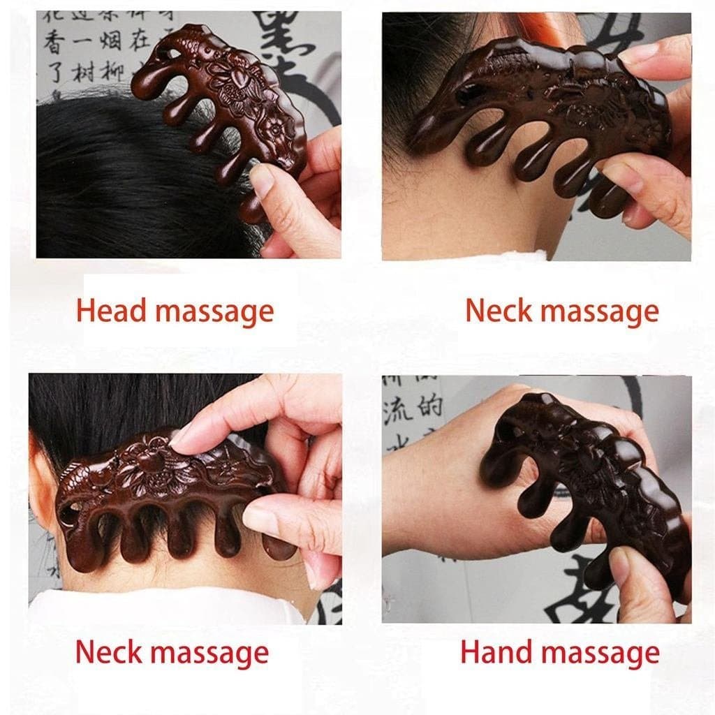 100% Feito à Mão, Madeira Pura, Pente de Cinco Dentes para Massagem dos Meridianos, Portátil, Pente de Sândalo com Dente