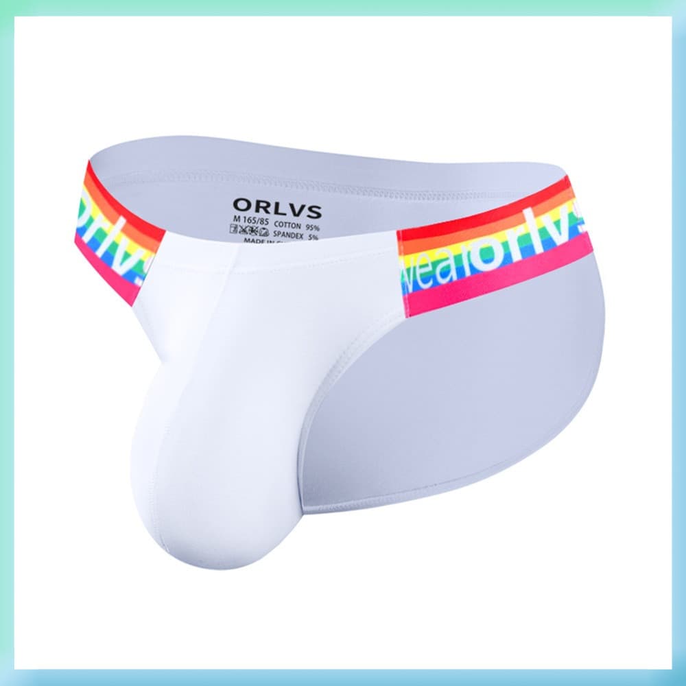 Cuecas masculinas de cintura baixa, corte alto, com padrão arco-íris, entrepernas de algodão de dupla camada, bolsa em f