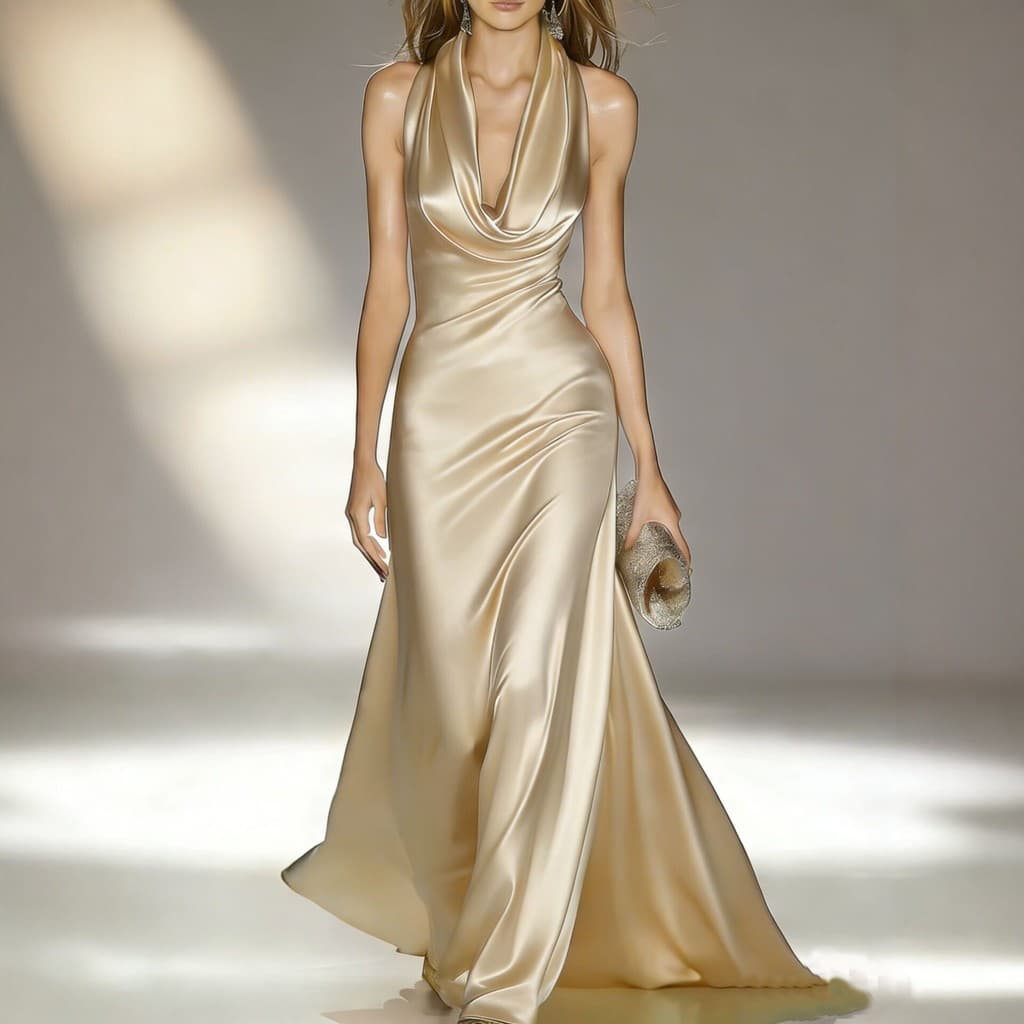 Vestido de noite de cetim com decote halter para o verão de 2026, estilo europeu e americano, vestido longo com decote e