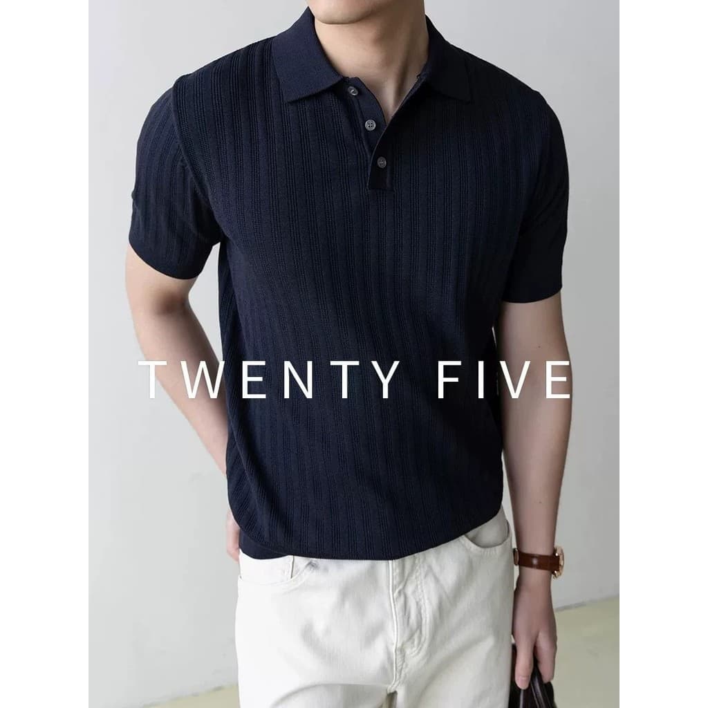 Luz madura velho dinheiro estilo Pit Strip malha camisola de manga curta camisa POLO masculina Casual simples All-Match