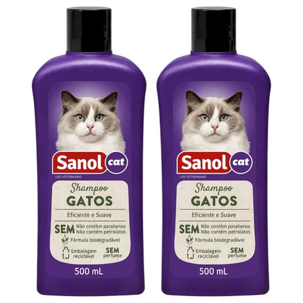Kit 2 Shampoo Gatos Sanol Cat 500ml Sem Perfume Glicerina Neutra Higiene Pelagem Hipoalergênico Vegano Biodegradável