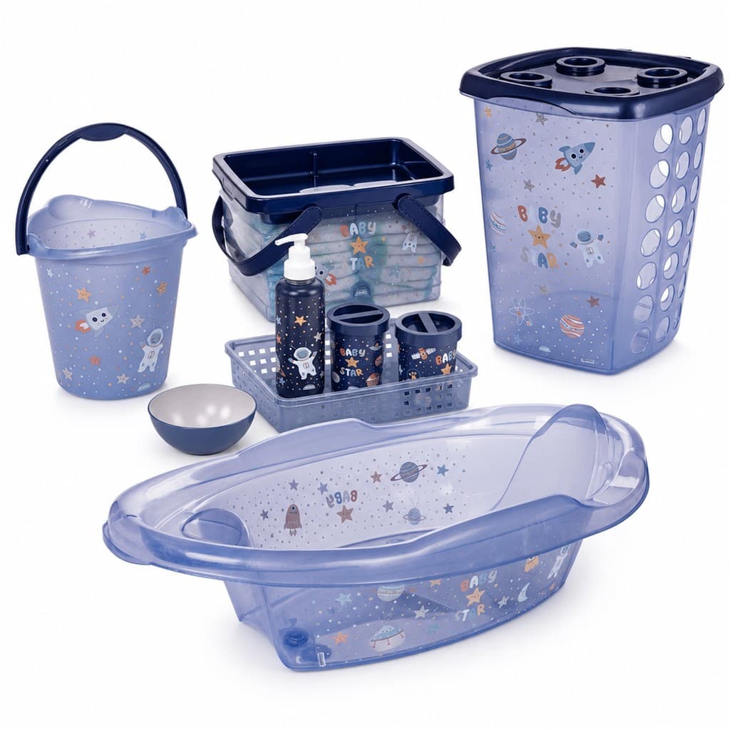 Kit Luxo Astronauta Para Bebê 9 Peças Banheira Cesto 38L Balde 8L Caixa Higiene - Plasútil