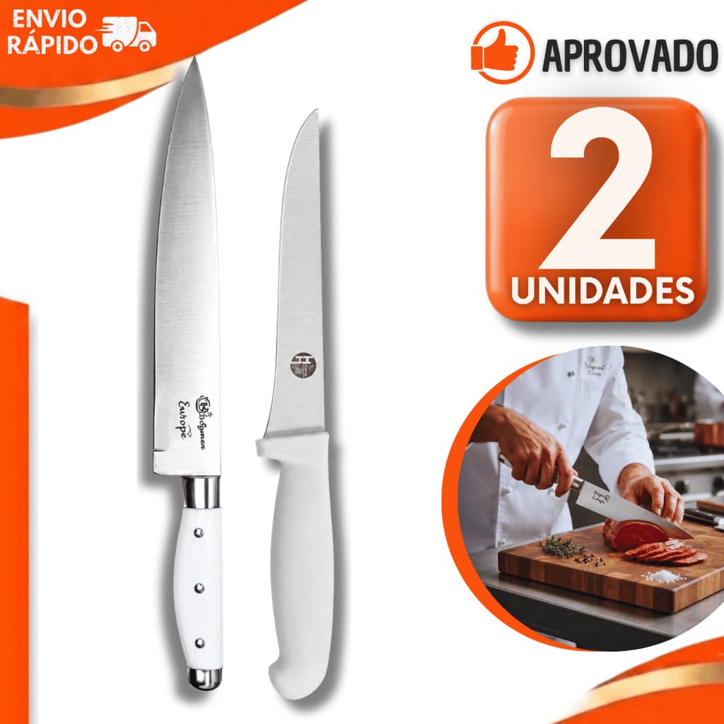 Combo Facas 8' Linha Europa + Faca 6' Top Chefs Aço Inox Corte Preciso Carnes Legumes Cozinha Açougues Utilidades