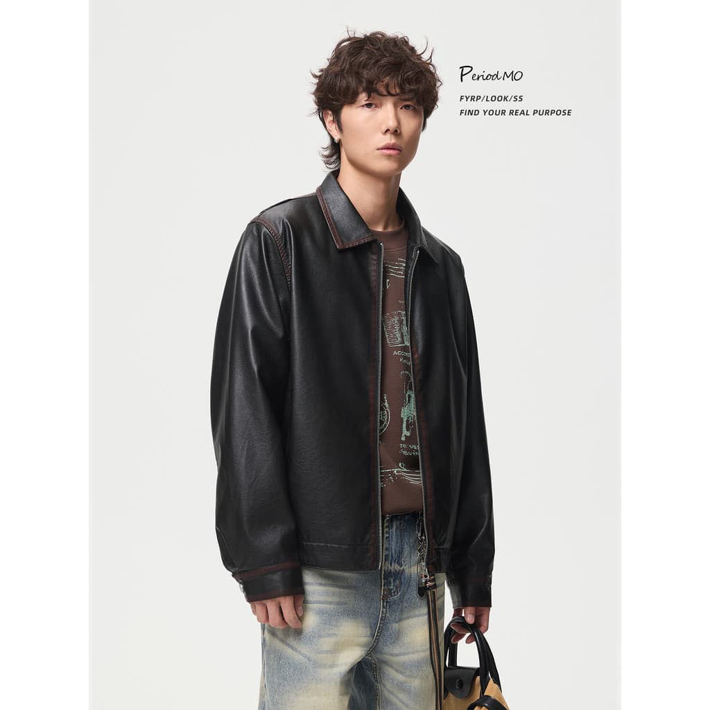 FYRP Momo Americano Retro Lapela Contraste Cor Design Jaqueta de Couro PU Homens Mulheres Primavera Outono Jaqueta Solta