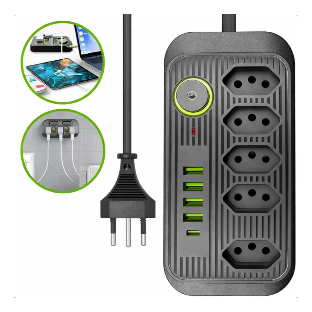 Extensão 5 Tomadas 4 Usb 1 Tipo C 1 Pd Led Bivolt 110v220v