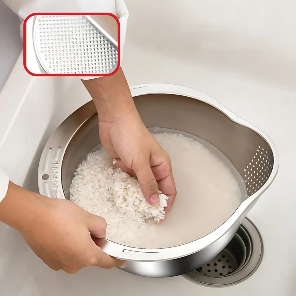 Escorredor de Arroz Aço Inox Multiuso 27CM Com Peneira Coador Lavar Arroz Legumes Frutas 1/2 Unidades