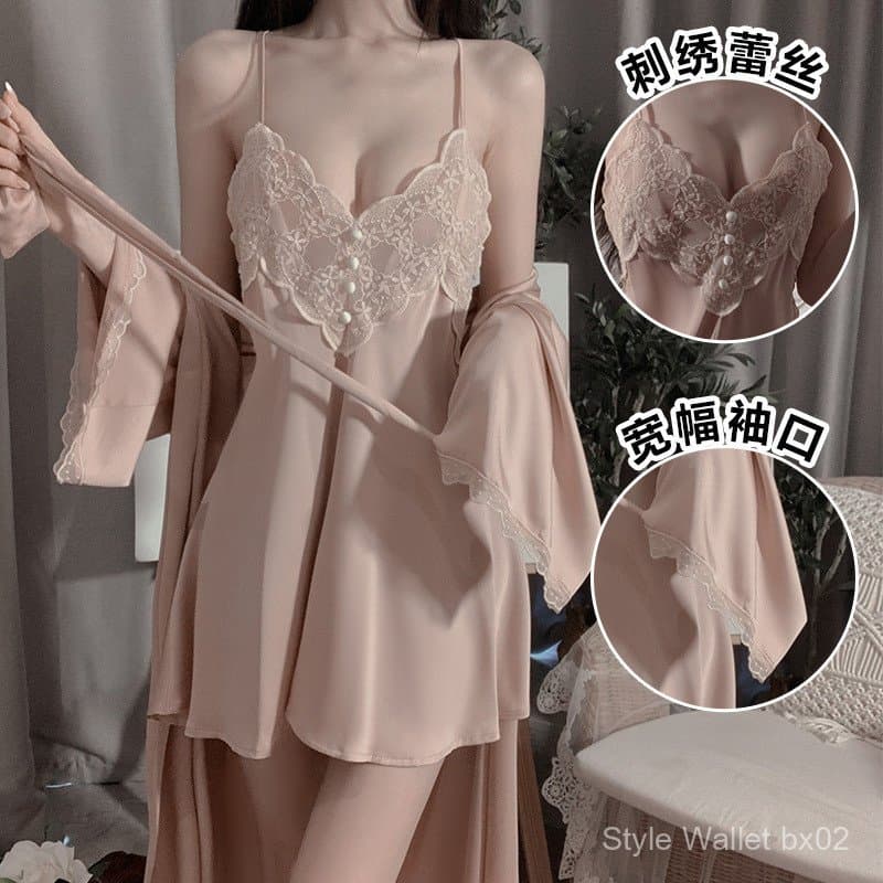 Pijama confortável com costas abertas, camisola de renda bordada delicada, conjunto de roupa de casa feminina com cardig