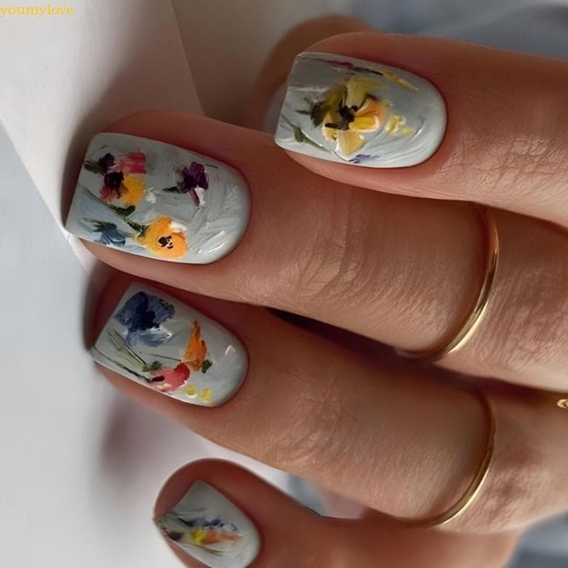 youmylove 24x Unhas Artificiais Prensa Quadrada Curta Flores 3D Falsas