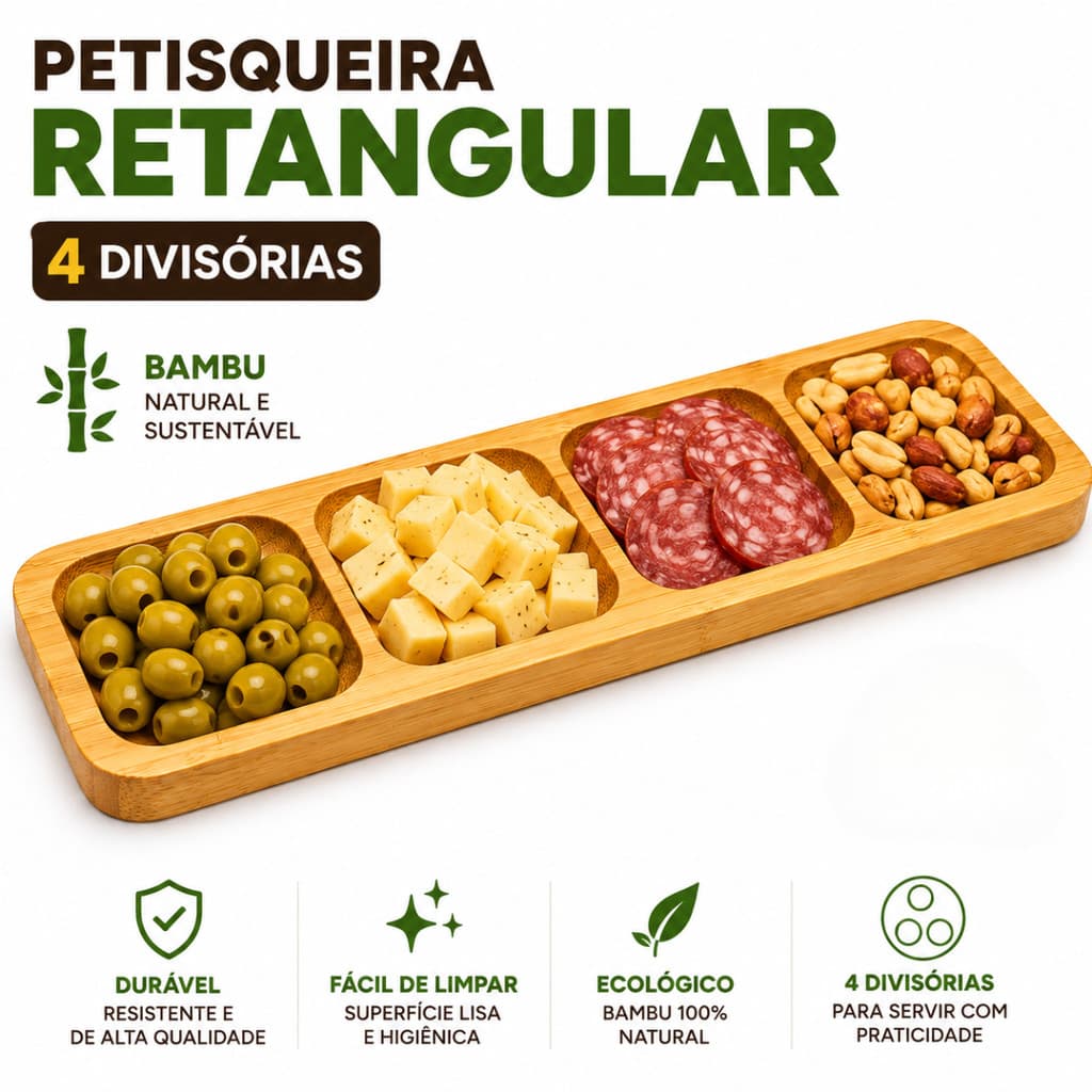 Petisqueira Tábua de Bambu Para Frios e Queijo 4 Div Gamela Retangular de Bambu Petisco Churrasco