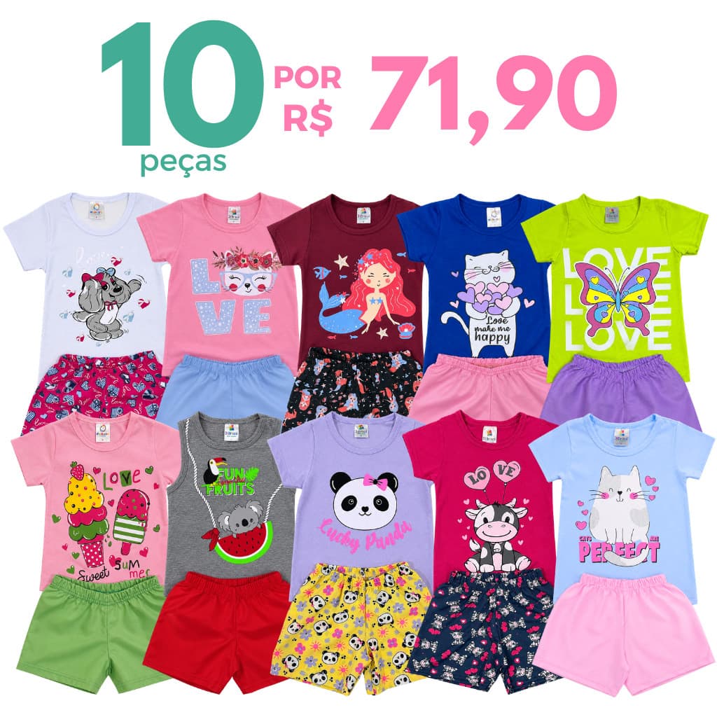 Kit 10 ou 6 peças Conjunto Verão Roupa Menina Infantil 5 Camiseta e 5 Shorts/Bermudas Sortidos