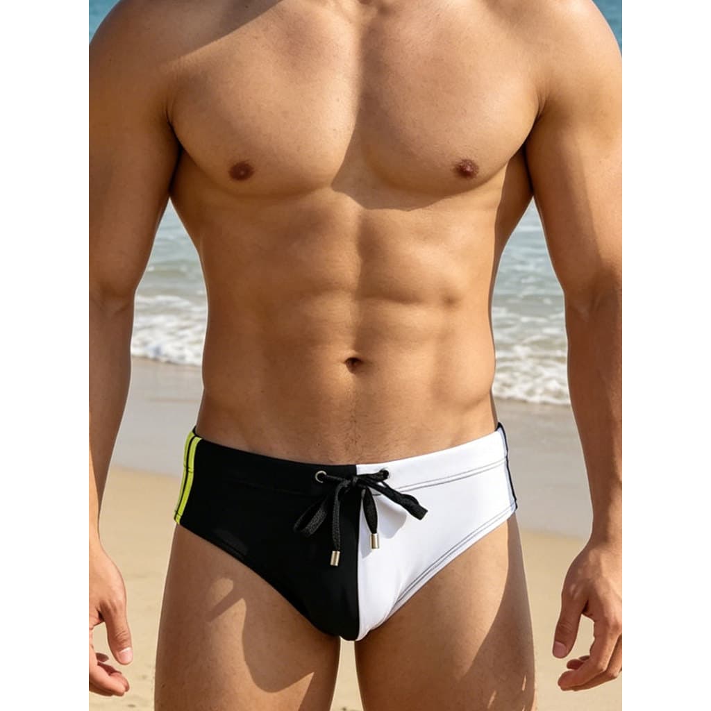 UXH contraste cor lateral fluorescente barras paralelas cuecas masculinas cordão ajustável praia piscina cintura baixa n