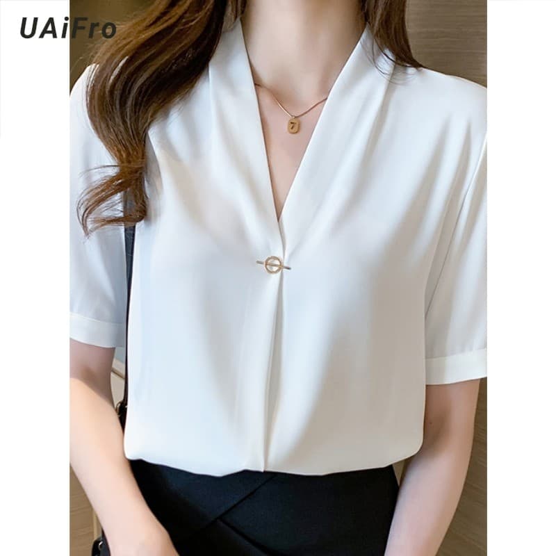 2026 verão novo estilo branco Chiffon camisa feminina temperamento de manga curta profissional Formal Wear versão corean