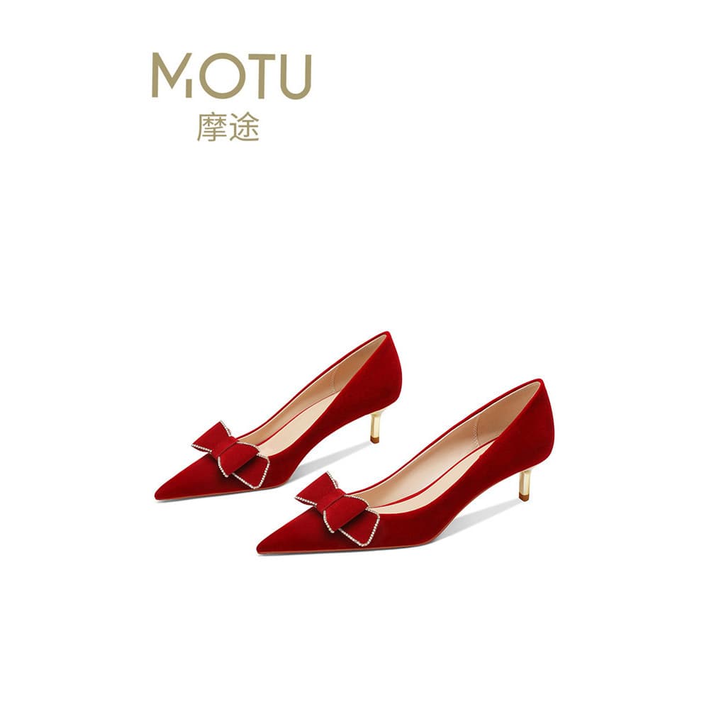 Vermelho Xiuhe roupas sapatos de casamento feminino Bowknot chinês casamento camurça noivado sapatos de noiva torrada sa