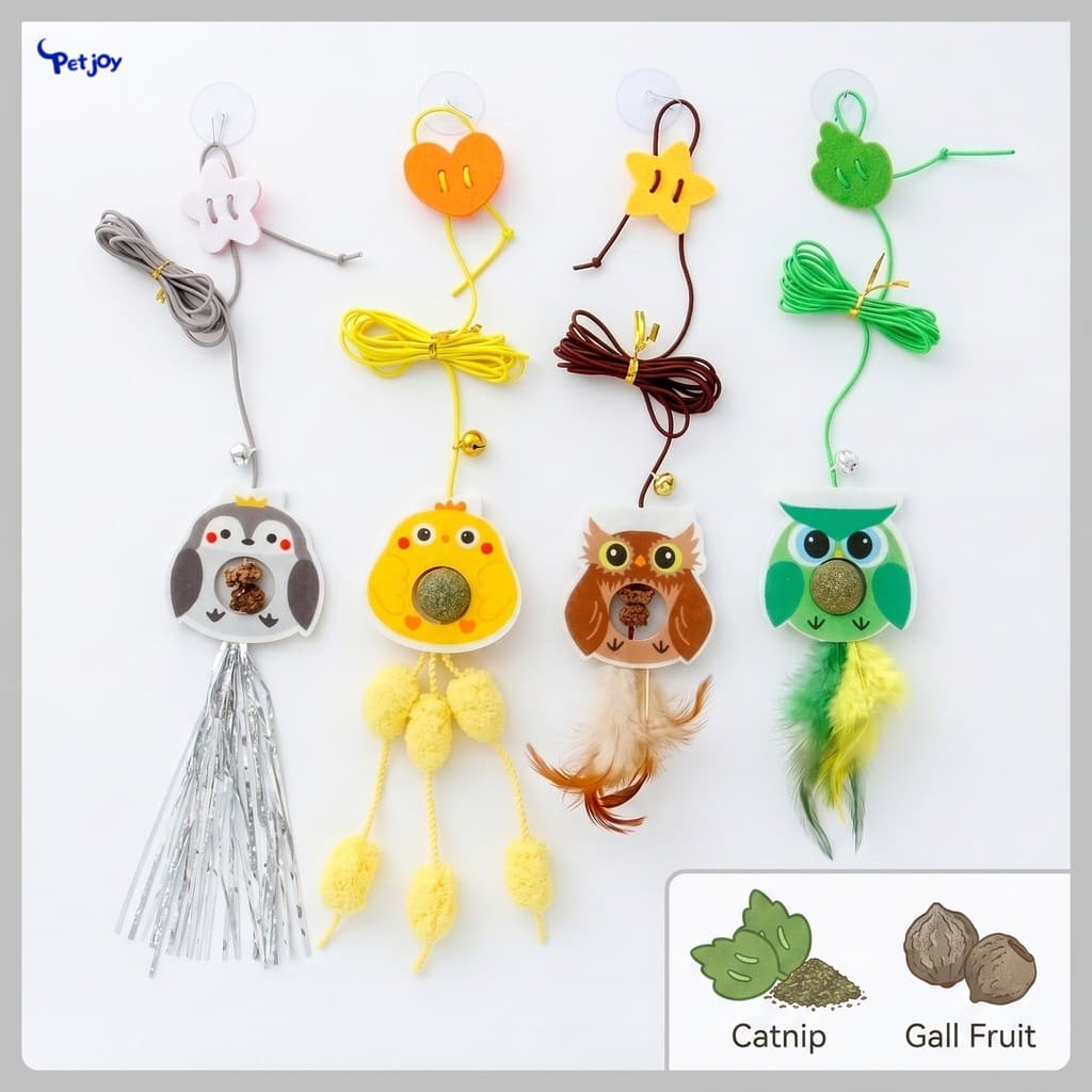 Brinquedo para gatos com ventosa, bastão elástico auto-entretenhador para gatos, contém erva-dos-gatos e bolas de frutas