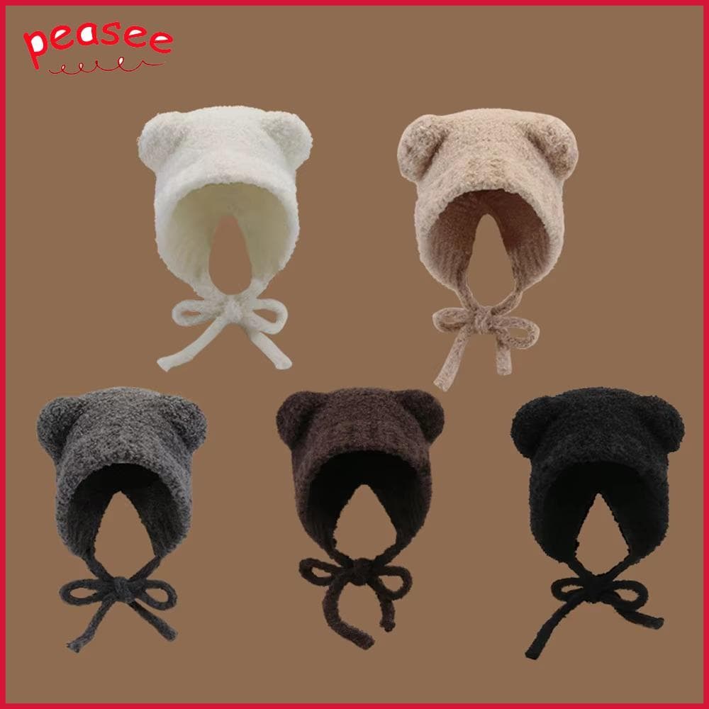 [PEASEE] Chapéu De Lã Com Orelha De Urso , Boné Bomber De Malha Quente Proteção De Ouvido , Moda Corda Y2k Gorros Cadarç