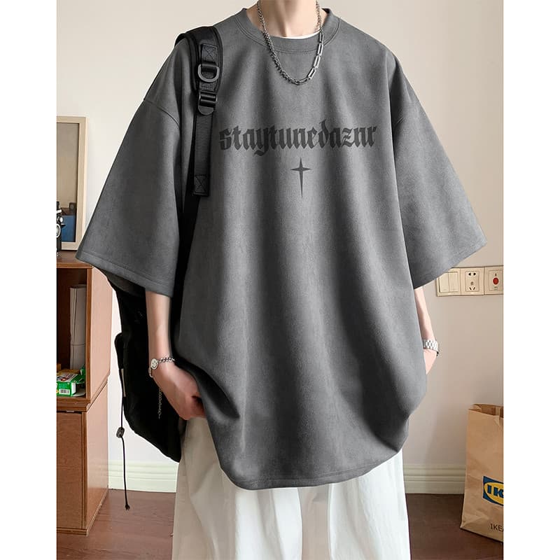 Camiseta americana de camurça masculina, roupa de rua, verão, oversize, solta, meia manga, 320g, roupas pesadas de manga