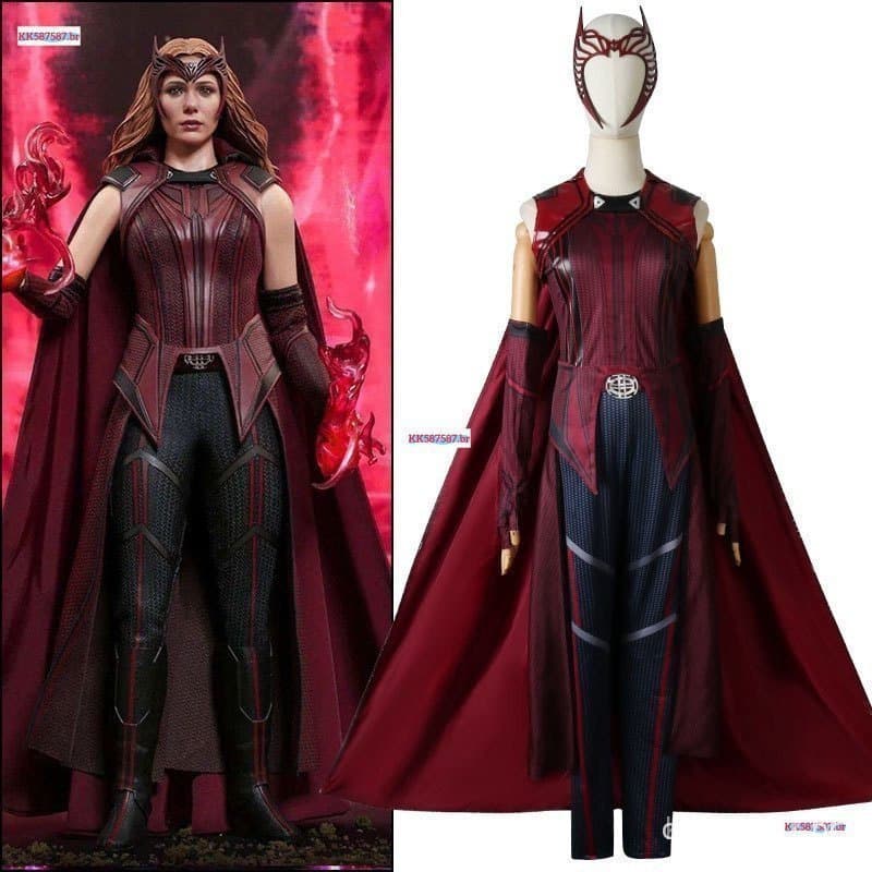 Fantasia de Cosplay da Wanda Maximoff, Traje Completo da Feiticeira Escarlate, Incluindo Acessório de Cabeça e Calças YZ