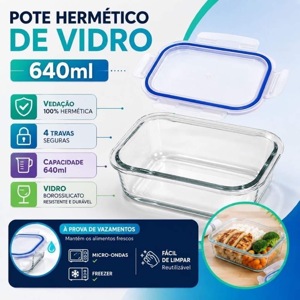 Pote Hermético de Vidro 640ml - Variação com 10, 12 e 15 Unidades