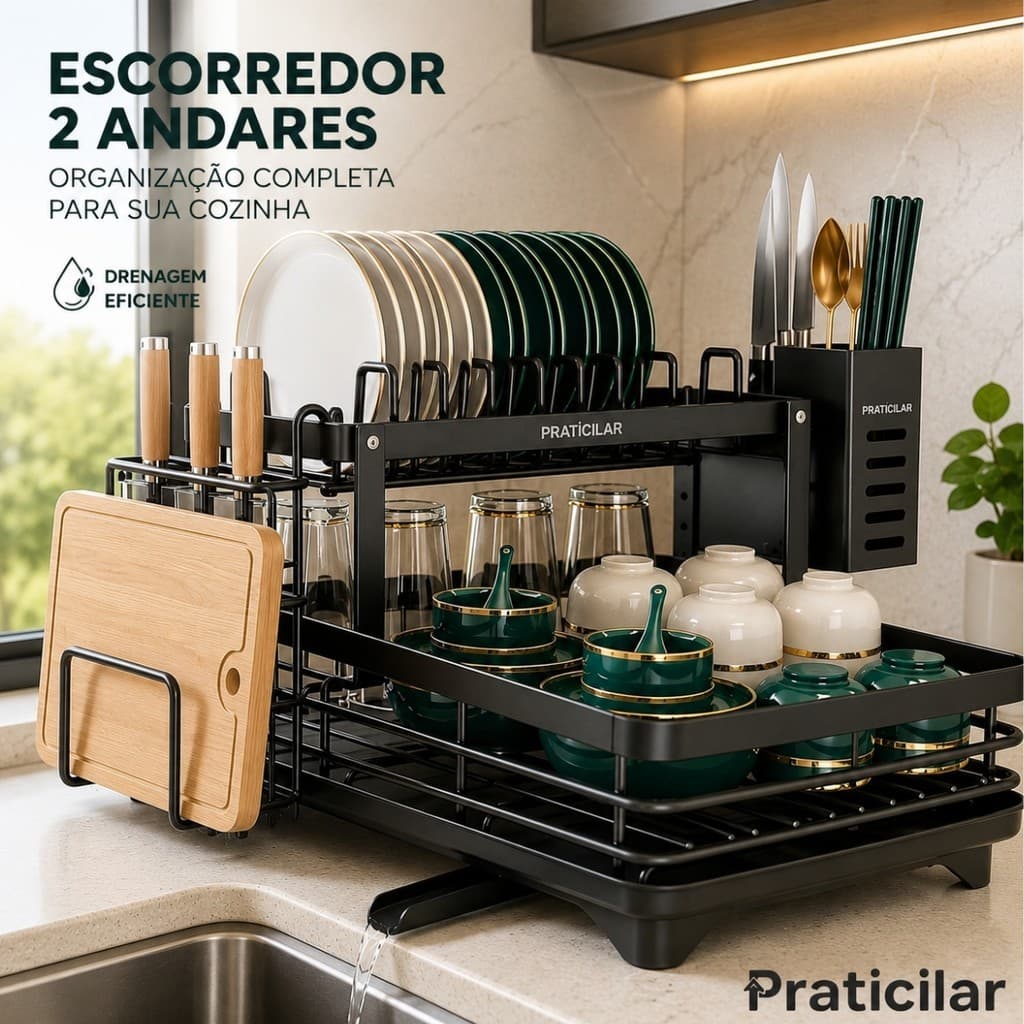 Escorredor De Louça 7 Pratos Inox Dois Andares Talher Copo