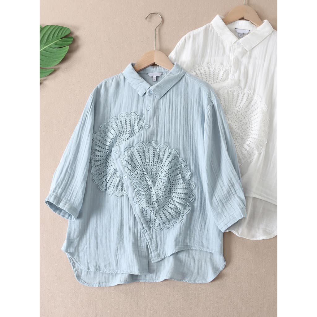 Literário elegante tridimensional renda fio de algodão manga três quartos camisa feminina Design verão Irregular proteto
