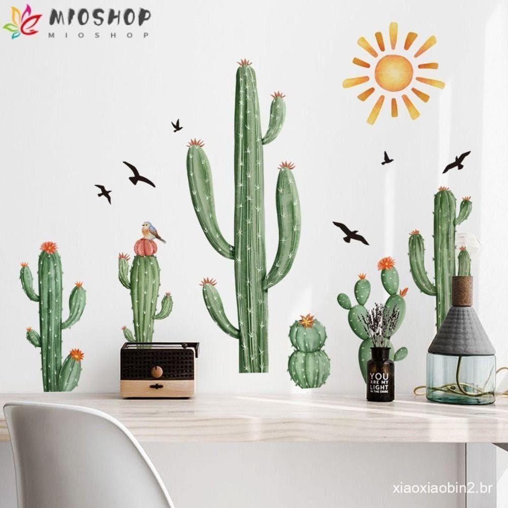 MIOSHOP Cacto Tropical , Adesivos Removíveis De Parede De Boho , Plantas Verdes Casca E Sala De Estar Stick
