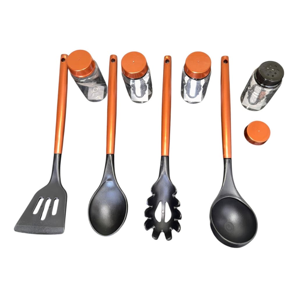 Kit Cozinha 8 Peças - Utensílios E Porta-temperos Cor Cobre