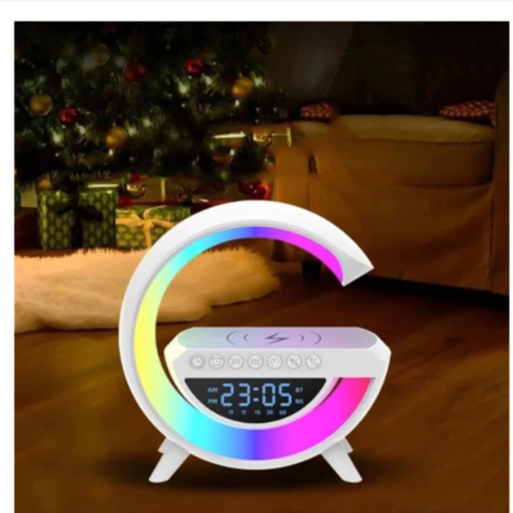 Caxinha de Som G -Speaker COR BRANCA Com Relógio Luminária Bluetooth Inteligente Carregador Sem Fio Led Luz Rgb COM RELÓ