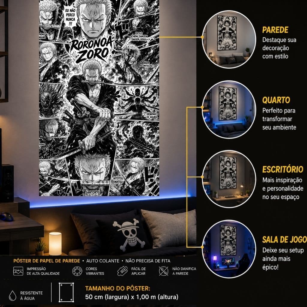 Papel de Parede Adesivo One Piece Zoro Preto e Branco Lavável 1 Metro Decoração Quarto Anime