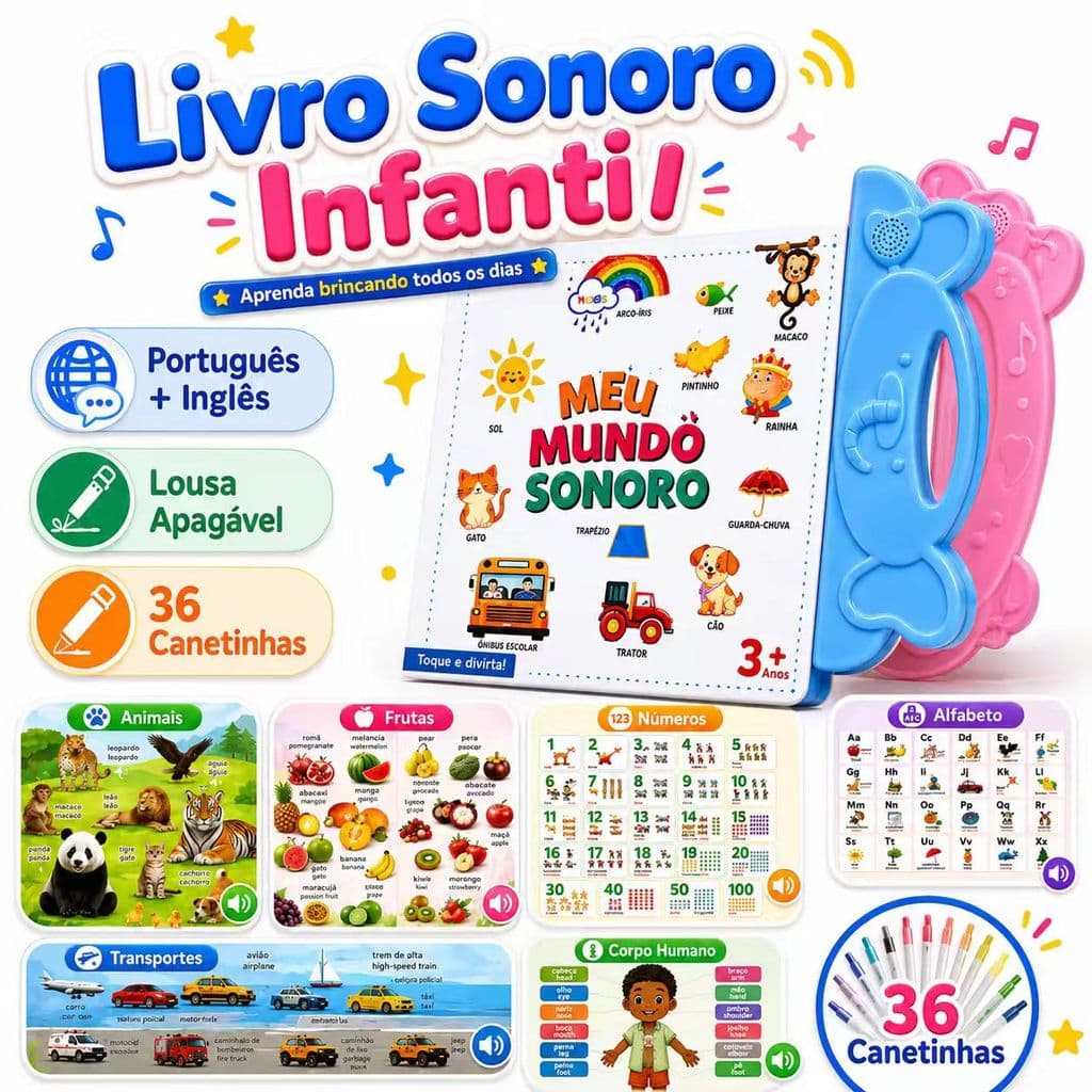 Livro Sonoro Bilíngue (Português/Inglês) com Toque Mágico - Estimulação Precoce e Aprendizagem Divertida para Bebês