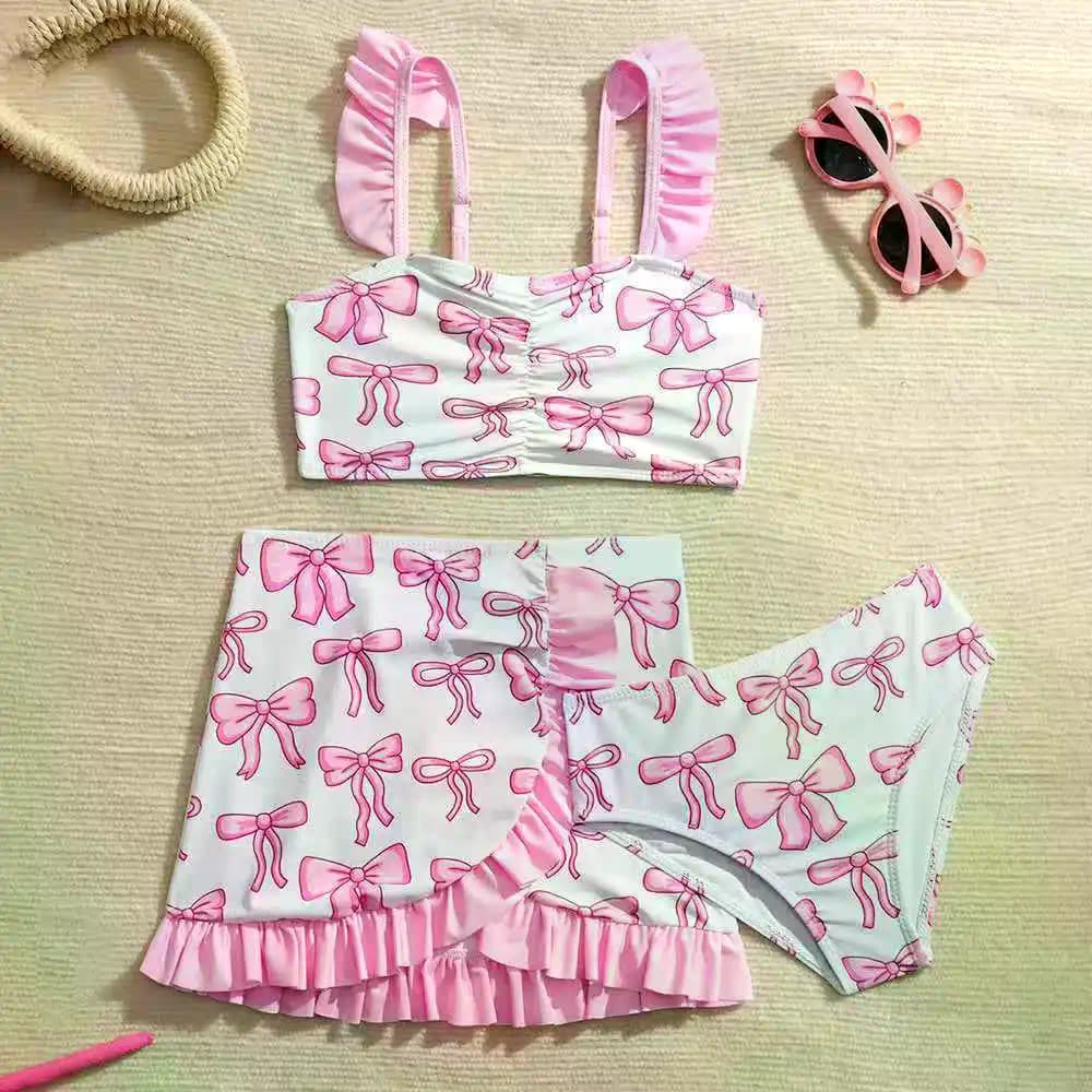Conjuntos De Biquíni De Cintura Alta Com Estampa De Laço Para Meninas , 3 Pacotes , Saia De Praia , Maiô Infantil De 4 A