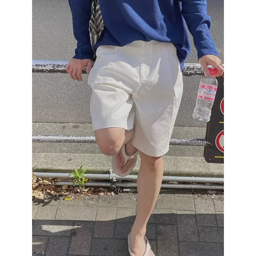 Estilo coreano algodão linho calças cortadas homens luz estilo maduro solto Shorts casuais Tether linho calças médias ex
