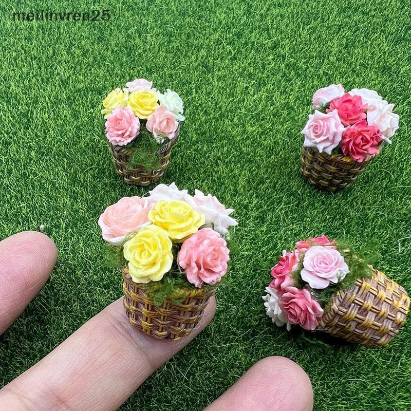 MEL Mini Vaso De Flores Simulação Planta Cesta Artesanal Artificial Para Casa De Bonecas Decoração Em Miniatura BR