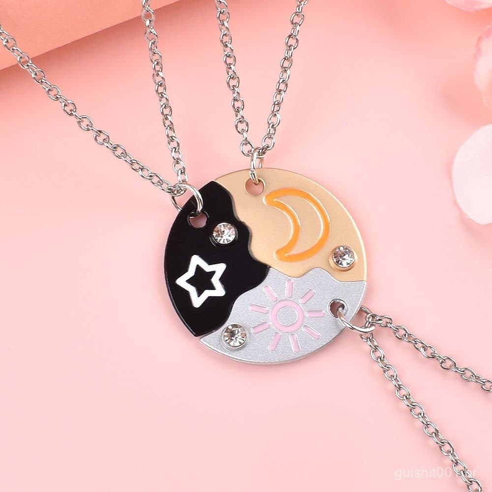 3p Colar Pingente Sol Lua Estrela Design de Nicho Melhor Amigo Colar de Amizade Conjunto Redondo de Liga