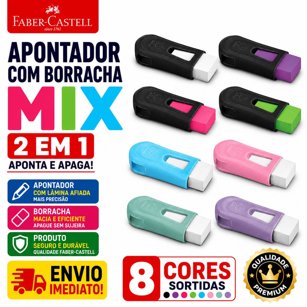 Apontador com Depósito e Borracha Faber Castell Mix 1 Furo Escolar Estojo Cores Sortidas Original