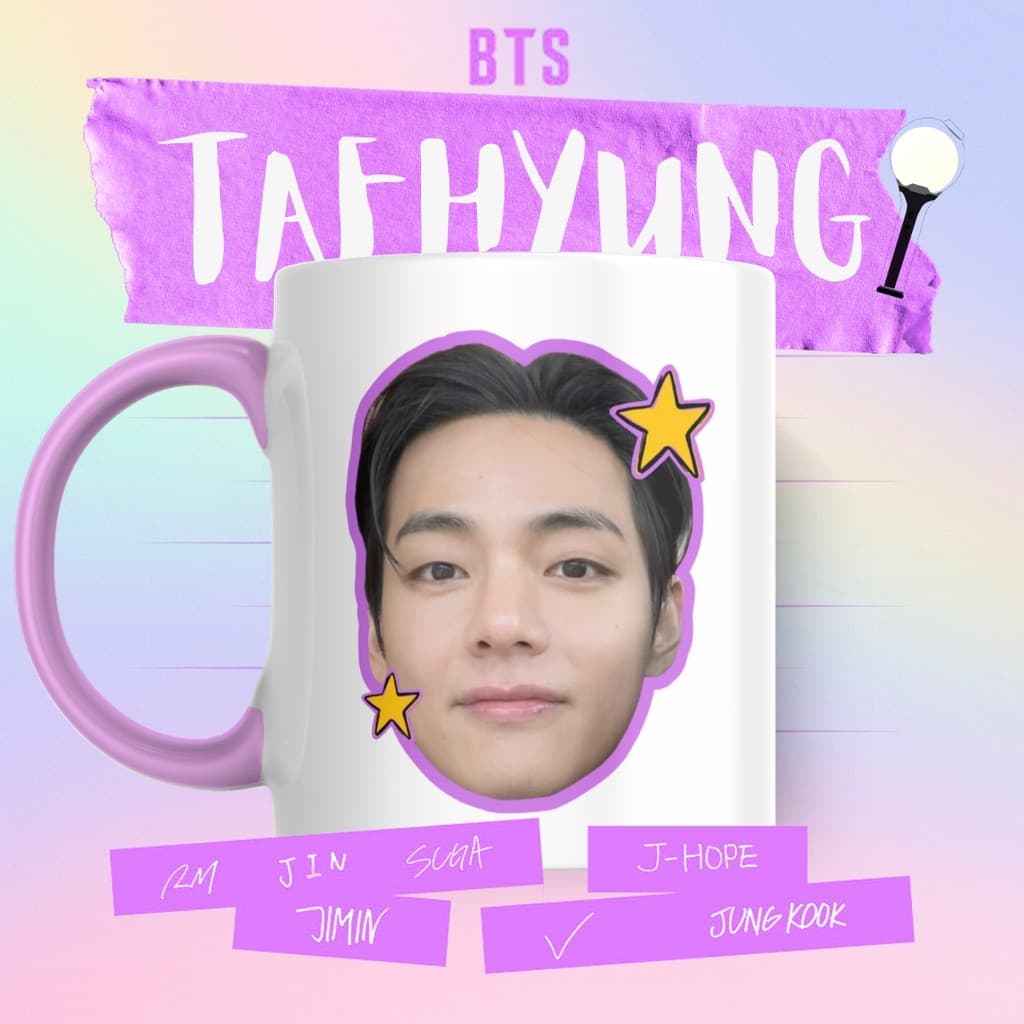 Caneca Xicara Porcelana 325ml BTS Army OT7 Taehyung V Carinhas Personalizada Presente Decoração